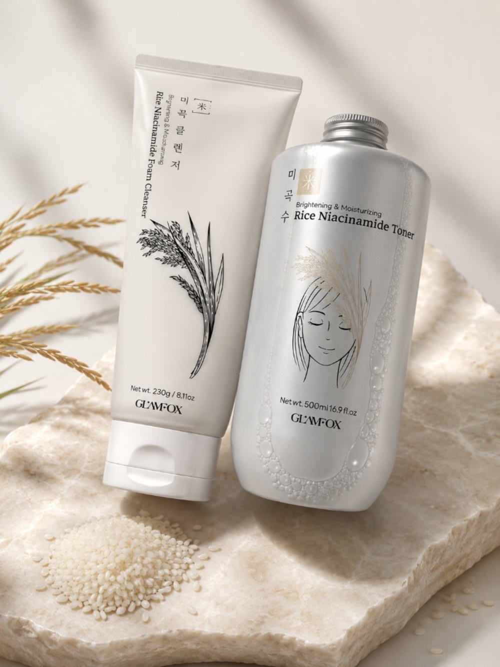 GLAMFOX Rice Niacinamide Cleanser Toner Set Korean K-Beauty Hydrating